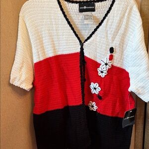 Sag Harbor Women's Red, Black, and White short sleeve Cardigan xl NWT